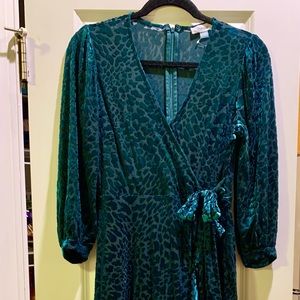 Calvin Klein greenish/blue velvet over lining. Faux wrap dress. Size 6